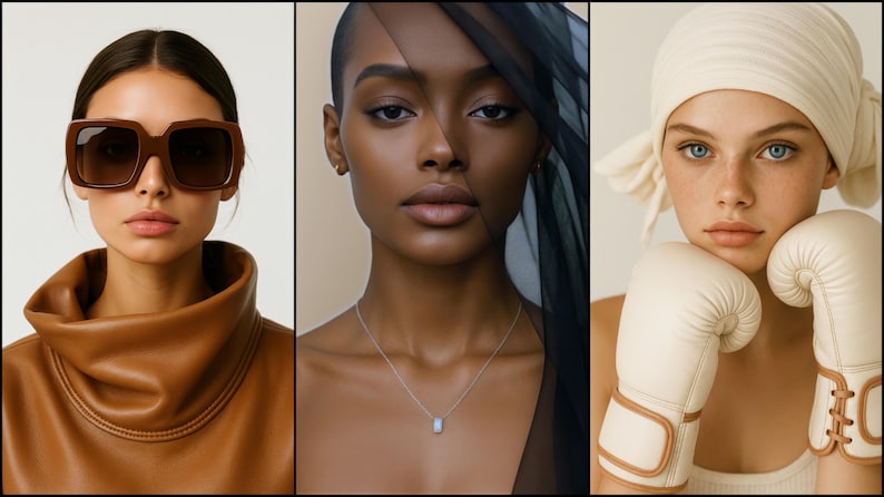 May include: A triptych of portraits. The first shows a person wearing brown sunglasses and a brown turtleneck. The second features a person with a silver necklace and a black veil. The third shows a person with a white headscarf and boxing gloves.