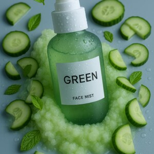 May include: A green face mist bottle labelled "GREEN FACE MIST", surrounded by cucumber slices, mint leaves, and a green textured substance. The bottle has a white spray nozzle. The image is set against a blue background.