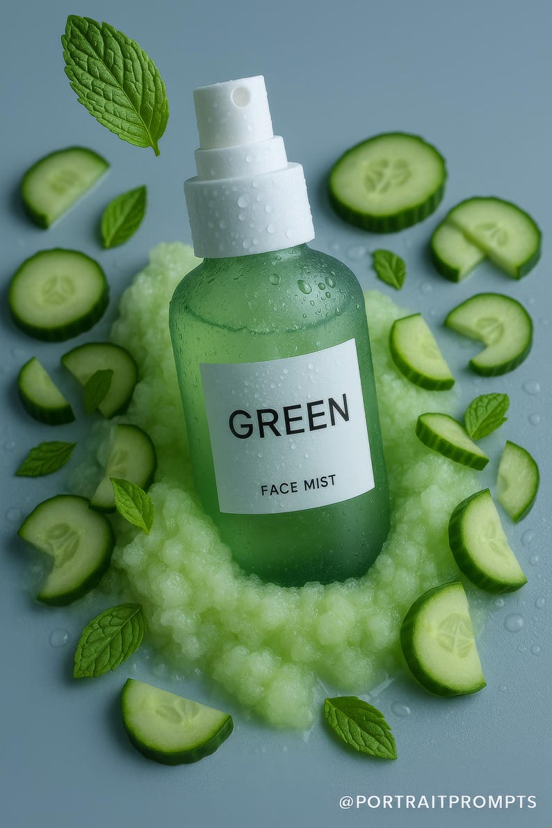 May include: A green face mist bottle labelled "GREEN FACE MIST", surrounded by cucumber slices, mint leaves, and a green textured substance. The bottle has a white spray nozzle. The image is set against a blue background.