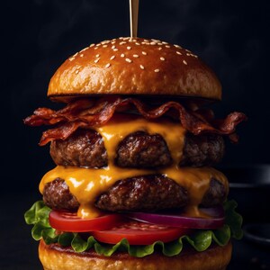 May include: A stacked double cheeseburger with bacon, lettuce, tomato, and red onion on a sesame seed bun. The burger has two beef patties, melted cheese, and crispy bacon, secured with a wooden skewer. The image is set against a dark background.