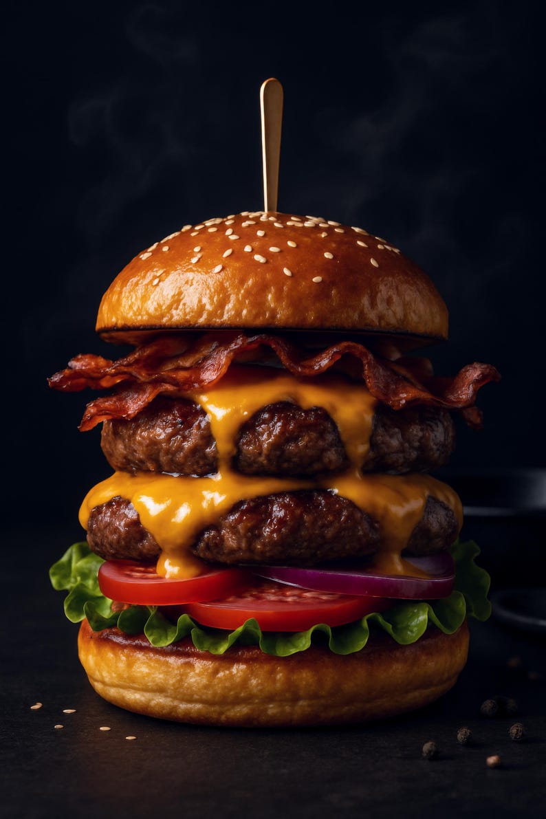 May include: A stacked double cheeseburger with bacon, lettuce, tomato, and red onion on a sesame seed bun. The burger has two beef patties, melted cheese, and crispy bacon, secured with a wooden skewer. The image is set against a dark background.