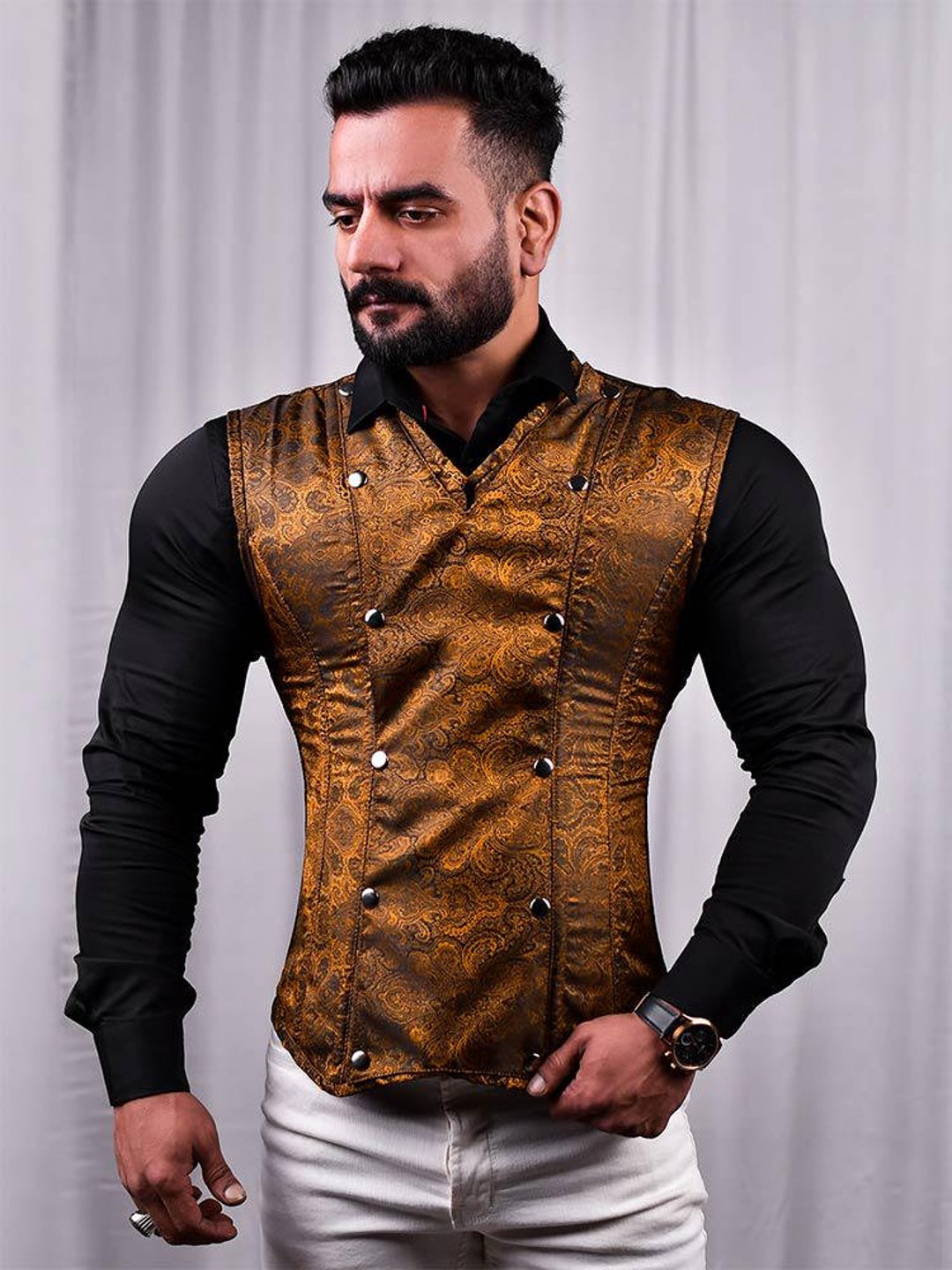 Steel Boned Corset, Brocade Corset, Handcrafted Mens Corset Vest — free download