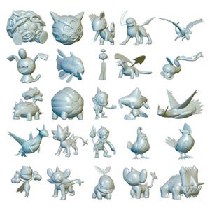 May include: A collection of 24 gray 3D printed Pokemon figurines. The figurines are of various Pokemon characters, including Pikachu, Charmander, Bulbasaur, Squirtle, and many more.