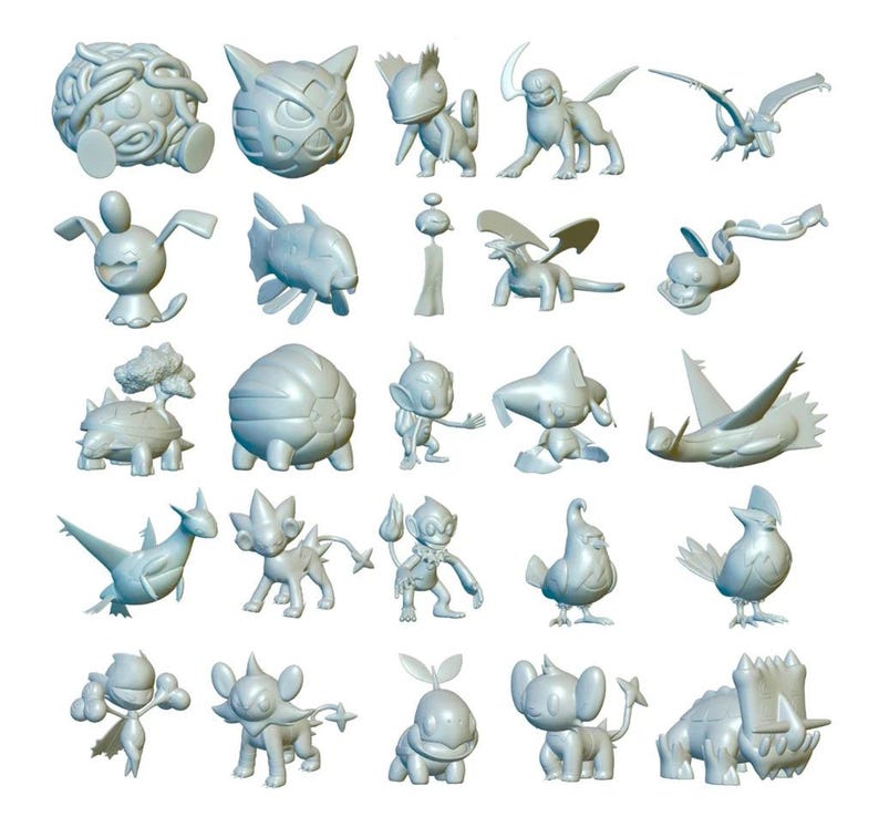 May include: A collection of 24 gray 3D printed Pokemon figurines. The figurines are of various Pokemon characters, including Pikachu, Charmander, Bulbasaur, Squirtle, and many more.