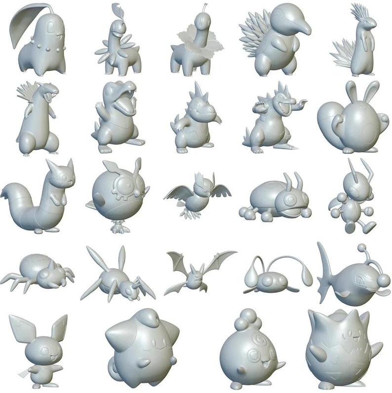 May include: A collection of 25 gray 3D printed Pokemon figures. The figures are all in different poses and are made of a smooth, matte material.