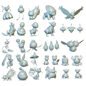 May include: A collection of 3D printed figurines of various Pokemon characters. The figurines are all in a light gray color and are posed in different positions. Some of the characters include a butterfly, a bee, a cat, and a frog.
