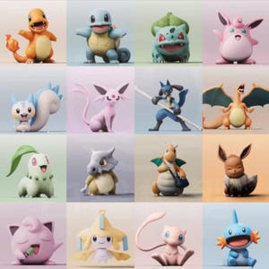 Puede incluir: Una colección de 15 figuras de Pokémon, cada una con un personaje de Pokémon diferente. Las figuras están hechas de plástico y están pintadas en varios colores. Las figuras están dispuestas en una cuadrícula sobre un fondo blanco.
