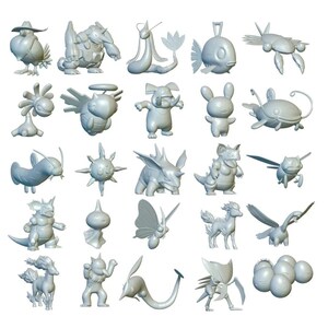 May include: A collection of 27 grey 3D printed figurines of various Pokemon characters. The figurines are posed in different positions and feature various details, such as wings, tails, and horns.