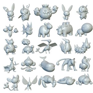 May include: A collection of 3D printed Pokemon figures in a white, gray, and black color scheme. The figures are posed in various positions and include popular characters like Pikachu, Charmander, and Bulbasaur.