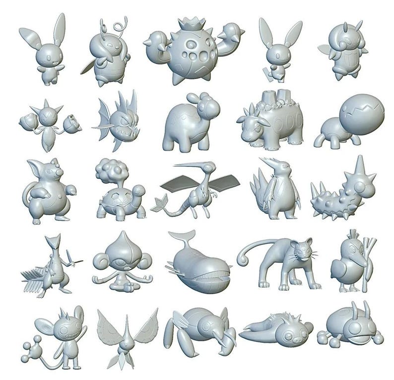 May include: A collection of 3D printed Pokemon figures in a white, gray, and black color scheme. The figures are posed in various positions and include popular characters like Pikachu, Charmander, and Bulbasaur.