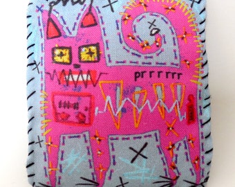 Robot cat textile brooch - ElectroKitty - lighter colours