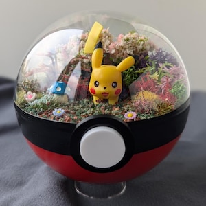 Può includere: Un terrario a forma di Poké Ball di vetro con una statuina di Pikachu gialla, muschio verde e fiori rosa all'interno.