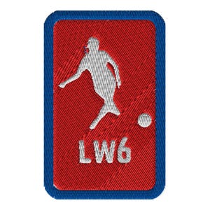 May include: Embroidered patch with a red background and a blue border. The patch features a white silhouette of a soccer player kicking a ball. The text "LW6" is embroidered in white at the bottom.