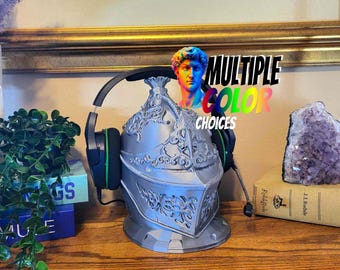 Knight Helmet Headset Holder: Gamer Desk Decor with Hidden Compartment