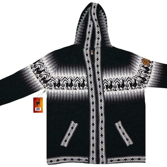 Men HANDMADE ANDEAN ALPACA Monster Green Zip Hoodie Sweater Sz Xl