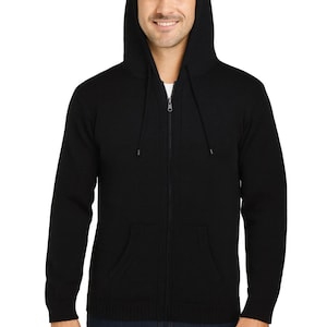 Suéter con capucha y cremallera para hombre, color negro liso, hecho a mano en alpacca andina, talla L