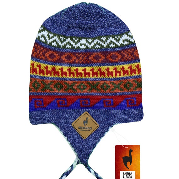 HANDMADE ANDEAN ALPACA Light Blue Reversible White Hat With Ear