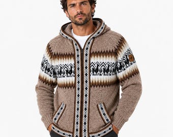 Herren HANDMADE ANDEAN ALPACA dunkel beige zip Hoodie Pullover Gr. L