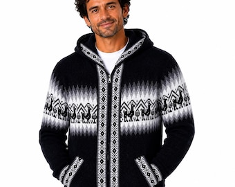 Sudadera con capucha y cremallera azul marino para hombre, de alpaca andina hecha a mano, talla M