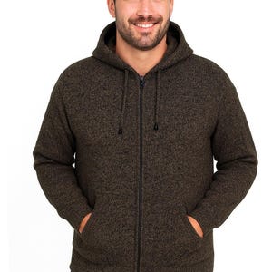 Heren HANDMADE ANDEAN ALPACA effen bruine sweater met capuchon en rits, maat x l