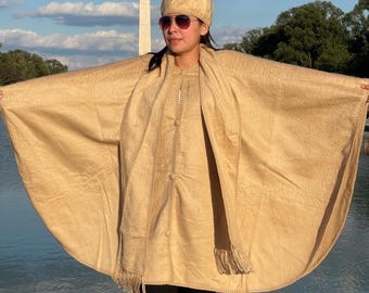 ANDEAN ALPACA BABY alpaca artesanal mulheres bege xale capa poncho L