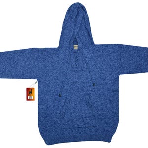May include: A blue hooded sweater made from alpaca wool. The sweater has a kangaroo pocket and a drawstring hood.