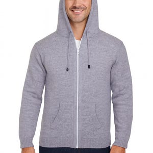 Heren HANDMADE ANDEAN ALPACA effen lichtgrijze sweater met capuchon en rits, maat M