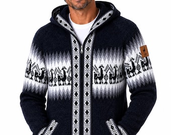 Sudadera con capucha y cremallera azul para hombre, hecha a mano en alpaca andina, talla M.