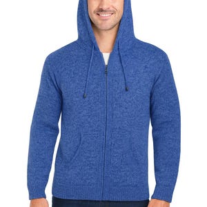 Heren HANDMADE ANDEAN ALPACA effen lichtblauwe sweater met capuchon en rits, maat L