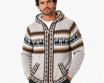 Men HANDMADE ANDEAN ALPACA beige zip hoodie sweater sz L