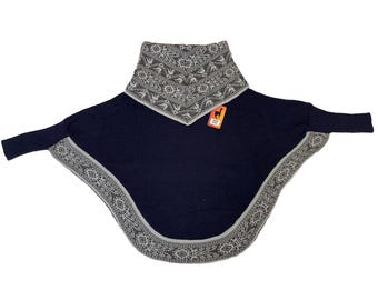 Poncho mantello blu navy fatto a mano in alpaca andina da donna, taglia M