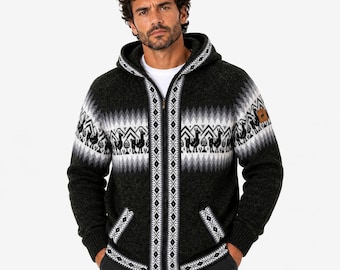 Men HANDMADE ANDEAN ALPACA dark green zip hoodie sweater sz L