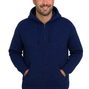 Heren HANDMADE ANDEAN ALPACA effen marineblauwe sweater met capuchon en rits, maat x l