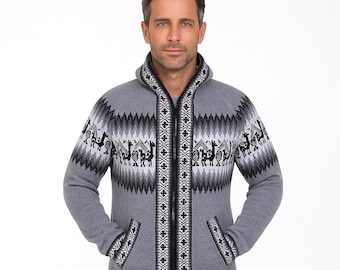 Men HANDMADE ANDEAN ALPACA light gray zip hoodie sweater sz M