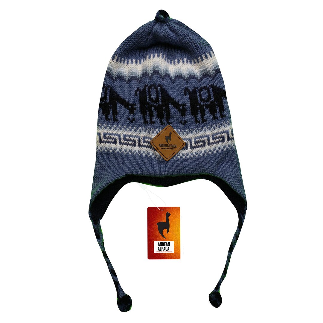 HANDMADE ANDEAN ALPACA Light Blue Reversible Navy Blue Hat  display picture 1