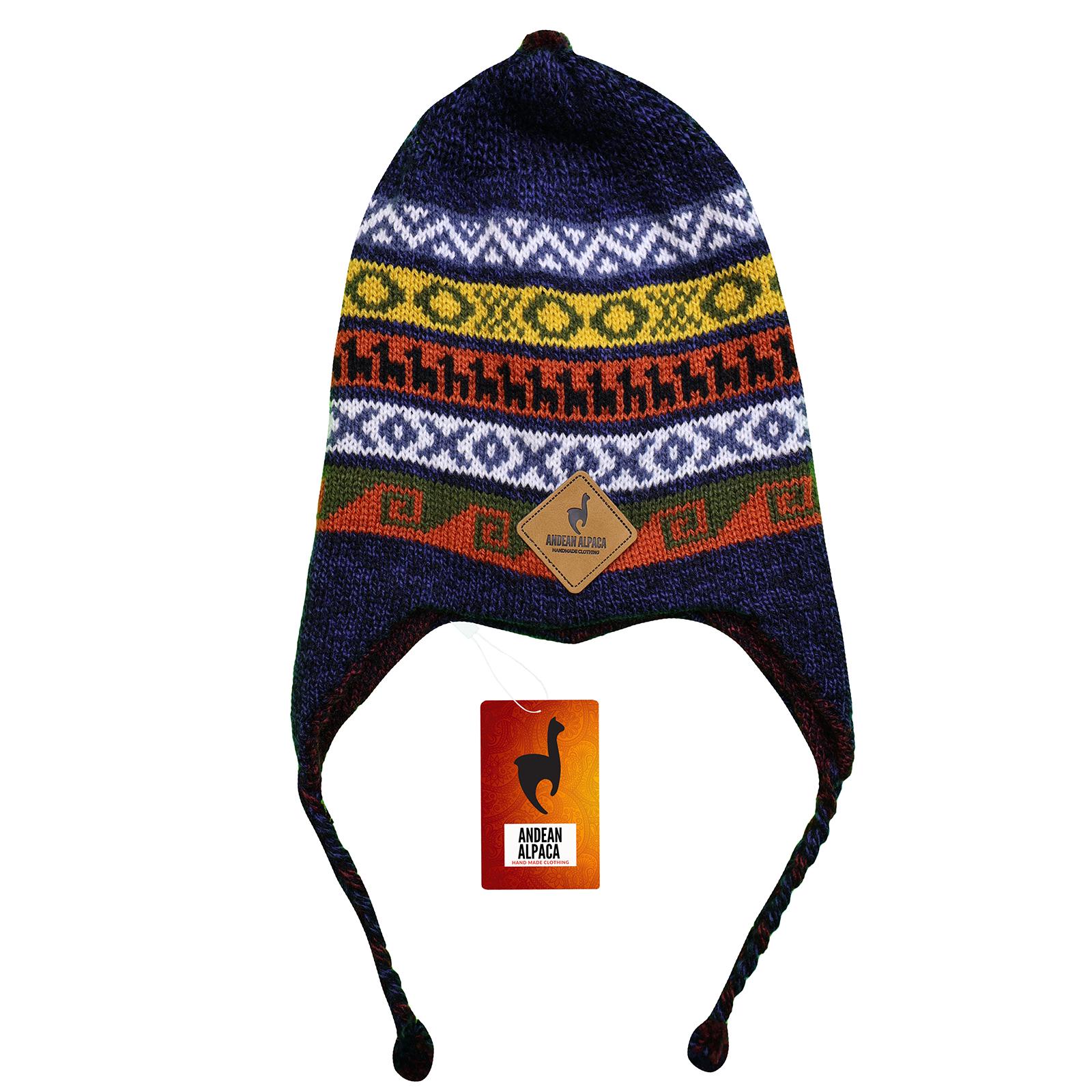 HANDMADE ANDEAN ALPACA Navy Blue Reversible Red Hat With Ear Flaps