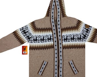 Men HANDMADE ANDEAN ALPACA dark beige zip hoodie sweater sz M