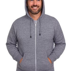 Heren HANDMADE ANDEAN ALPACA effen lichtgrijze sweater met capuchon en rits, maat x l