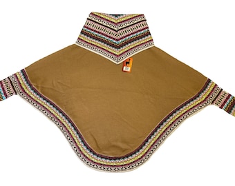 Poncho mantello marrone chiaro fatto a mano in alpaca andina da donna, taglia M