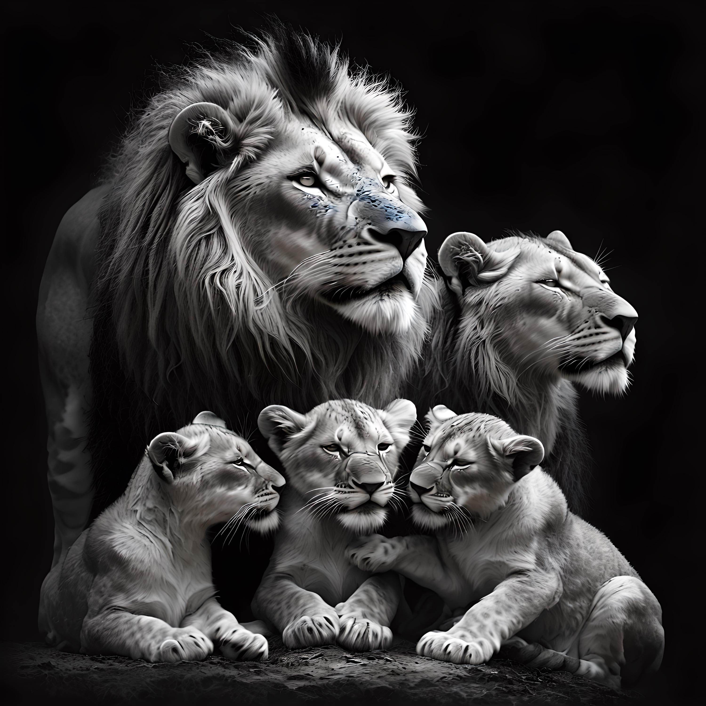 Lion Family With 3 Cubs Black and White Art Print - Digital