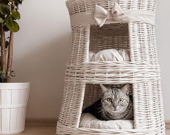 Round wicker cat house – handwoven cat cave with cushion, natural dog bed