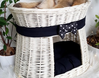 Stylish Oval Wicker Cat House – White Two-Level Cat Bed
