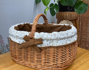 Elegant Wicker Basket with Cotton Lining | Picnic, Shopping or Gift Basket | Rustic Style