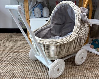 Handmade Wicker Doll Pram with Bedding – Vintage Doll Stroller, Wooden Wheels, Nursery Decor, Pretend Play Toy