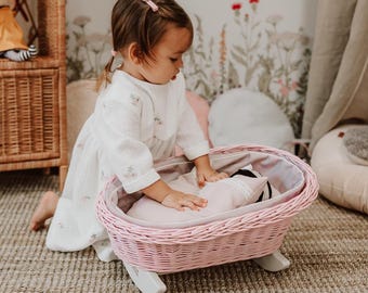 Wicker Doll Cradle with Bedding, Pink Swing Bed for Doll, Vintage style cot play bed toy, cute crib for dolls, Waldorf 1st 2nd birthday idea