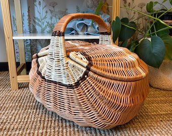 Handwoven Wicker Picnic Basket with Double Lid – Large Picnic Basket, Market Basket, Shopping Basket, Rustic Gift, Natural Wicker