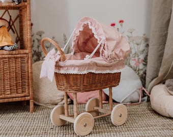 Wicker Pink Pram for doll, Vintage Style baby carriage toy, Natural Stylish Christmas Gift idea for little toddler girl, unique boho design