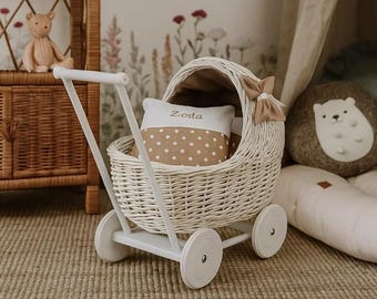Personalized light pink, beige,and ecru stroller for a toddler, 1st and 2nd birthday