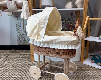 Handmade Wicker Doll Pram with Folding Canopy – Wooden Wheels, Doll Stroller, Nursery Decor