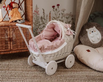 Premium Wicker Pram for Doll, Pink color Vintage style Baby carriage toy for Toddler, Eco Stroller, 1st 2nd Birthday Gift for little girl